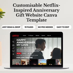 May include: A laptop displays a website template with the text "HAPPY ANNIVERSARY, MY LOVE" and "LOVEFLIX" branding. The template is for a Netflix-inspired anniversary gift website. Text on the screen includes "JUST DRAG & DROP", "10 PAGES", "NO PRO NEEDED", and "EASY TO EDIT".