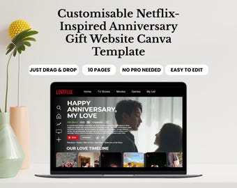 Loveflix verjaardag websitesjabloon Canva Netflix-sjabloon jubileumcadeau, Netflix-themaontwerp aangepast jubileumsjabloon cadeau voor hem