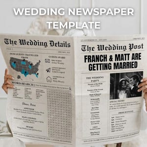 Puede incluir: Una plantilla de periódico de boda con el titular "FRANCH & MATT ARE GETTING MARRIED". El periódico incluye detalles sobre la fiesta de bodas, el orden de los eventos y un juego de búsqueda de palabras. El periódico es sostenido por una persona.