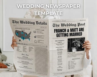 Plantilla editable de periódico de boda en Canva, programa de boda personalizado, Newlywed Times, infografías de boda estilo periódico DIY