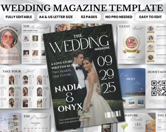 Plantilla personalizable para programa de revista de bodas, folleto editable en Canva.