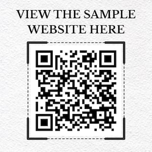 May include: A black and white QR code, framed by a dotted line and corner brackets, is centered on a textured white background. Above the code, the text reads "VIEW THE SAMPLE WEBSITE HERE."
