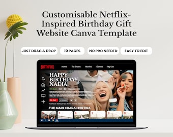 Plantilla web de Canva personalizada inspirada en Netflix para regalos de cumpleaños: Birthflix, plantilla de película de Netflix, video sorpresa para regalos de cumpleaños a distancia.