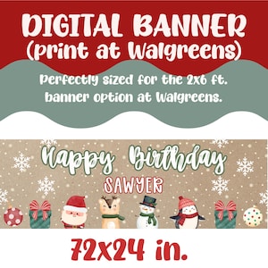 Puede incluir: Una pancarta digital de cumplea&ntilde;os con un tema invernal, con el texto "Happy Birthday Sawyer". La pancarta incluye ilustraciones festivas de Pap&aacute; Noel, un reno, un mu&ntilde;eco de nieve y un ping&uuml;ino. La pancarta mide 183x61 cm.