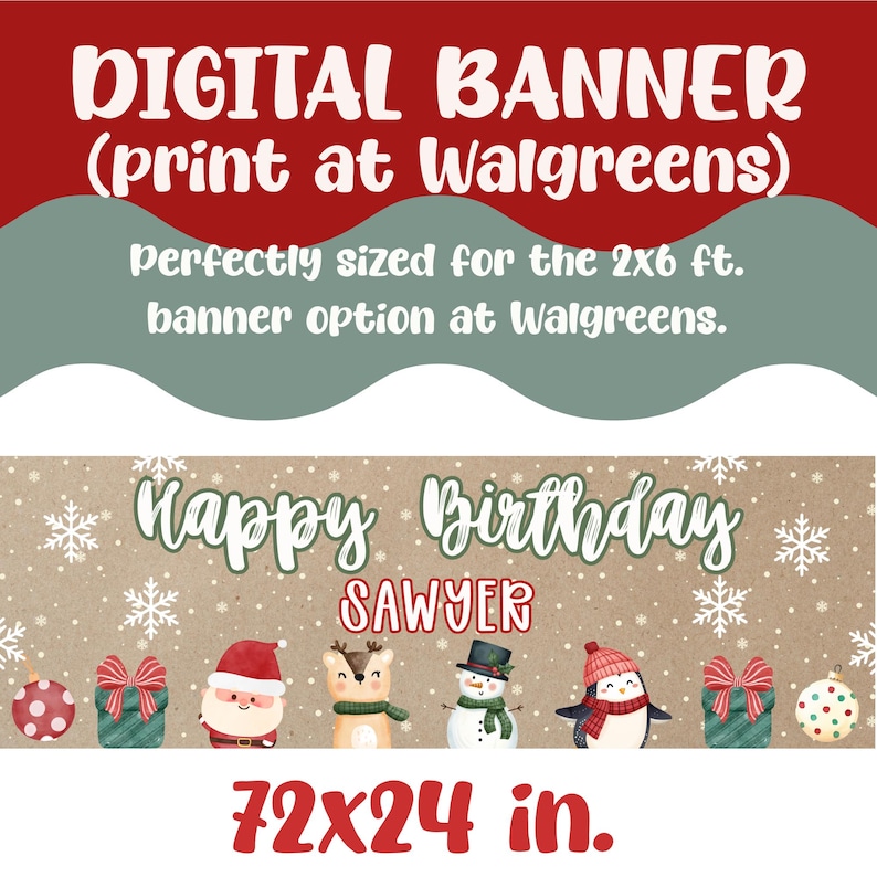 Puede incluir: Una pancarta digital de cumplea&ntilde;os con un tema invernal, con el texto "Happy Birthday Sawyer". La pancarta incluye ilustraciones festivas de Pap&aacute; Noel, un reno, un mu&ntilde;eco de nieve y un ping&uuml;ino. La pancarta mide 183x61 cm.