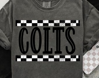 May include: Dark gray sweatshirt with the word "COLTS" in large black letters. The word is centered and framed by a black and white checkered pattern. The sweatshirt has a crew neck and long sleeves.