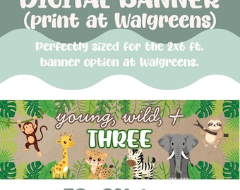 Young wild and three banner, jungle party banner, jungle birthday theme, animal party, zoo decor, 3rd birthday banner, zoo animal decor