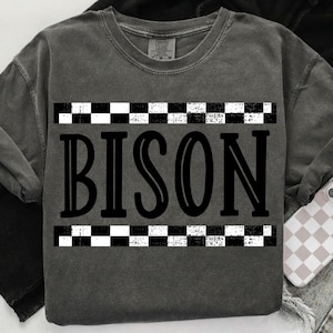 May include: Dark gray sweatshirt with the word "BISON" in large black letters. The word is centered and framed by a black and white checkered pattern. The sweatshirt has long sleeves and a crew neck.