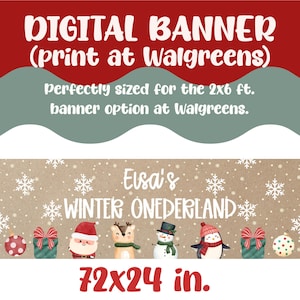 May include: Digital banner design with a red and green background, featuring the text "DIGITAL BANNER" and "Elsa's WINTER ONEDERLAND". The banner is 72x24 inches and includes winter-themed illustrations.