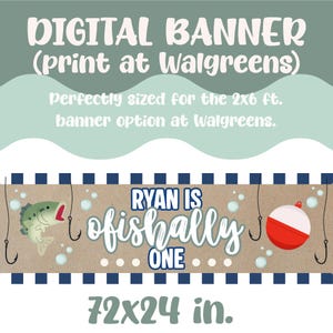 Può includere: Un banner digitale con la scritta "DIGITAL BANNER (print at Walgreens)". Il banner è progettato per un compleanno a tema pesca, con la scritta "RYAN IS ofishally ONE" e misura 183x61 cm.