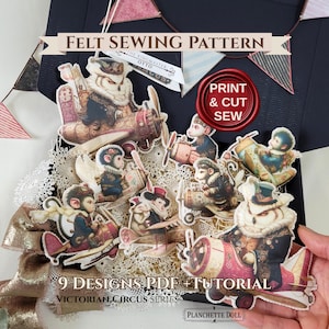 May include: A collection of felt sewing patterns featuring Victorian circus designs. The patterns include various animal characters in vintage airplanes. The text on the image reads "FELT SEWING PATTERN" and "PRINT & CUT SEW".