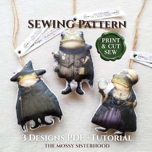 Könnte beinhalten: Ein Nähmuster mit drei skurrilen Froschdesigns. Jeder Frosch trägt eine einzigartige Kleidung, darunter einen Hexenhut, einen Anzug und ein viktorianisches Kleid. Der Text lautet "SEWING PATTERN" und "3 DESIGNS PDF + TUTORIAL".