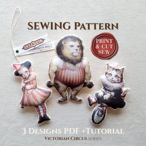 Art Doll Schnittmuster - 3 Surreale Antike Zirkus Illustration - Easy DIY - Clown Löwe Katze