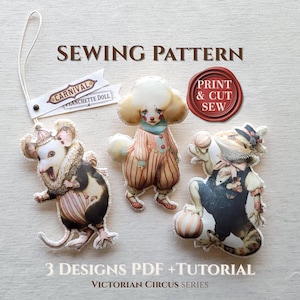 Surreal Antique Sewing Pattern - 3 Vintage Circus Illustration - Easy DIY - Opossum Poodle Lizard