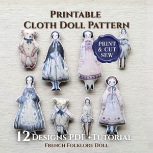 Poupées folkloriques françaises : modèles de poupées en tissu imprimables pour poupée en feutre et 6 toiles de fond assorties - Lot de 12