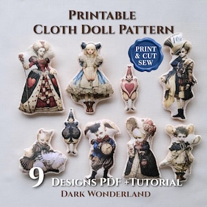 Dark Alice in Wonderland naaipatroon PDF Gothic Art Doll-zelfstudie griezelig schattig vilt mascotte afdrukbare DIY poppen maken digitale download