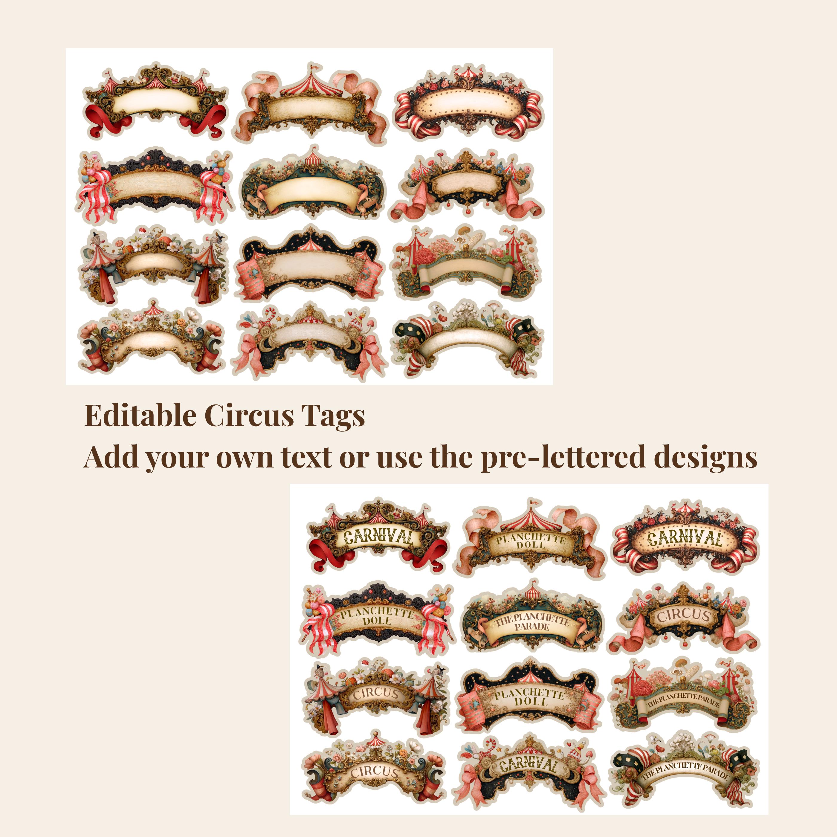 Vintage Circus Tags Printable, Editable Blank & Pre-lettered Labels ...