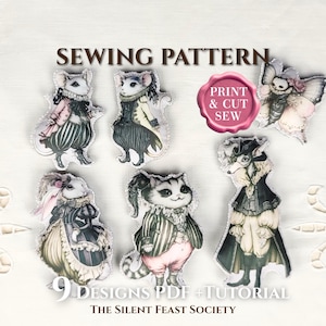 May include: A collection of nine whimsical sewing patterns featuring anthropomorphic animal designs, including a mouse, cat, rabbit, and dog, dressed in Victorian-era clothing. The patterns are labeled "Print & Cut Sew" and include a PDF tutorial.