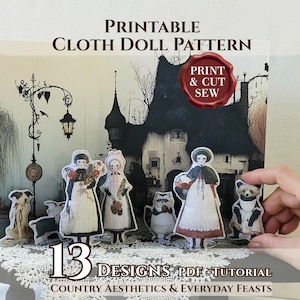 Puede incluir: Un patrón de muñeca de tela imprimible con 13 diseños, un PDF y un tutorial. La imagen muestra varias figuras recortadas, incluyendo personas, un perro, una cabra y un mapache, frente a una casa oscura y un poste de luz.