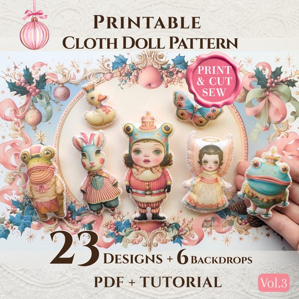 Doll Sewing Pattern PDF Christmas Toys Vol 3 Frogs Angels Felt Ornament Tutorial Printable