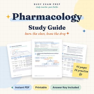May include: A pharmacology study guide featuring three pages of medical notes on endocrine drugs, cardiovascular medications, and anticoagulants. A yellow sticky note displays the text 45 pages 76 practice Qs. The title reads Busy Exam Prep.