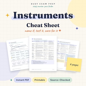 Op de afbeelding: Een digitale studiegids getiteld Instruments Cheat Sheet met de ondertitel name it, test it, care for it. Het document toont drie pagina's met medische instrumentdiagrammen, tabellen en notities, met een geel briefje met de tekst 6 pages.
