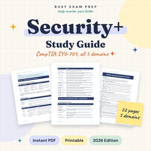 Pode incluir: Um guia de estudo digital para o exame CompTIA Security+ SYO-701, com 22 páginas cobrindo 5 domínios. O documento inclui tabelas, conceitos de segurança e uma folha de revisão. Texto: Busy Exam Prep, Security+ Study Guide e 2026 Edition.