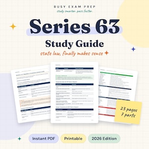 Op de afbeelding: Een Series 63 studiegids van Busy Exam Prep, editie 2026. Het document bevat tekst over staatsrecht, beleggingsadviseurs en vrijgestelde effecten. Het bevat drie pagina's en een geel memoblaadje met de tekst 23 pages 7 parts.