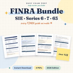 Puede incluir: Un paquete de guías de estudio digitales titulado FINRA Bundle SIE Series 6 7 63, que incluye cuatro documentos PDF con texto y tablas. El diseño presenta una nota adhesiva amarilla con el texto save 42% y la etiqueta 2026 Edition sobre un fondo de cuadrícula.