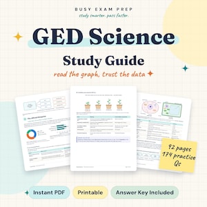 Könnte beinhalten: Ein GED Science Studienführer mit dem Text Busy Exam Prep, study smarter, pass faster und read the graph, trust the data. Das Dokument enthält drei Seiten mit Bildungsinhalten, Diagrammen, Grafiken und einem gelben Haftnotizzettel mit der Aufschrift 92 pages 174 practice Qs.