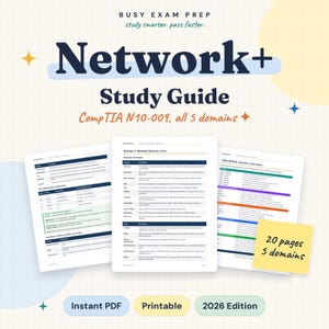 Pode incluir: Um guia de estudo digital Network+ para CompTIA N10-009, cobrindo cinco domínios em 20 páginas. O documento inclui tabelas sobre segurança de rede, endereçamento IP e sub-redes. Um post-it amarelo destaca o número de páginas e domínios.