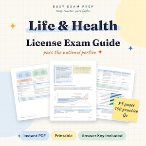Puede incluir: Una guía de estudio digital titulada Life & Health License Exam Guide con el subtítulo pass the national portion. El documento presenta contenido educativo, tablas y gráficos en páginas blancas con fondo de cuadrícula. Una nota adhesiva amarilla muestra 89 pages 150 practice Qs. Los botones inferiores indican Instant PDF, Printable y Answer Key Included.