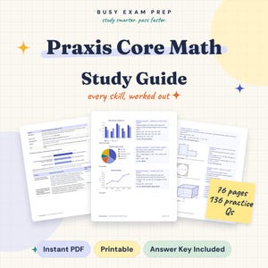 Könnte beinhalten: Ein digitaler Studienführer mit dem Titel Praxis Core Math Study Guide von Busy Exam Prep. Das Dokument zeigt drei Seiten mit mathematischen Aufgaben, Balkendiagrammen, Kreisdiagrammen und Liniendiagrammen sowie einen gelben Notizzettel.