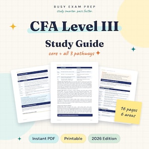 May include: A CFA Level III study guide for 2026, featuring three pages of text on a grid background. The title reads Busy Exam Prep, CFA Level III Study Guide, core + all 3 pathways. A yellow sticky note states 16 pages, 6 areas.