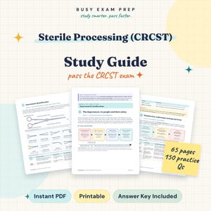 Peut inclure: Un guide d'étude numérique pour l'examen de traitement stérile CRCST intitulé Busy Exam Prep. Le document présente trois pages de contenu éducatif incluant l'identification des instruments, la sécurité et la désinfection, avec une note jaune indiquant 65 pages et 150 questions d'entraînement.