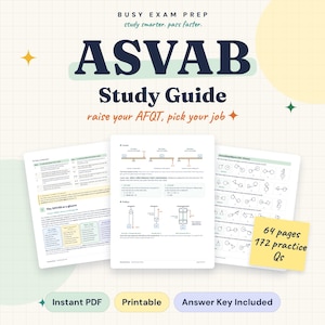 Op de afbeelding: Een digitale ASVAB-studiegids met drie open pagina's met diagrammen, hefbomen en katrollen. De tekst luidt Busy Exam Prep, study smarter, pass faster, ASVAB Study Guide, raise your AFQT, pick your job, 64 pages 172 practice Qs.