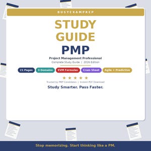 May include: A white study guide titled "STUDY GUIDE PMP" with the text "Project Management Professional" and "2026 Edition." The guide includes sections on "21 Pages," "3 Domains," and "EVM Formulas." The text "Study Smarter. Pass Faster." is also visible.