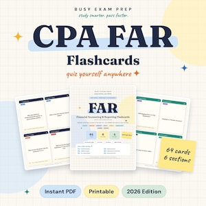 Puede incluir: Un conjunto de tarjetas de estudio CPA FAR Financial Accounting & Reporting para la edición de examen 2026. Las hojas digitales incluyen preguntas de estudio, 64 tarjetas en 6 secciones y el texto Busy Exam Prep, study smarter, pass faster, quiz yourself anywhere.