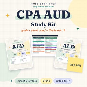 Puede incluir: Un kit de estudio CPA AUD que incluye una guía, una hoja de trucos y tarjetas didácticas para el examen de 2026. Los materiales contienen texto como Busy Exam Prep, AUD Auditing & Attestation y una nota adhesiva amarilla con save 26% en cuadrícula.