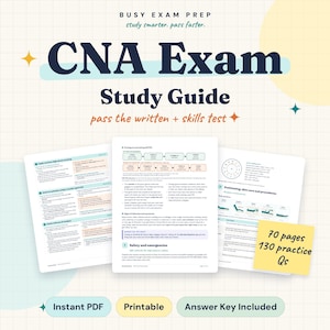 May include: A digital study guide for the CNA Exam with the title Busy Exam Prep, study smarter, pass faster. The document includes pages on PPE, safety, and procedures, featuring a yellow sticky note stating 70 pages 130 practice Qs.