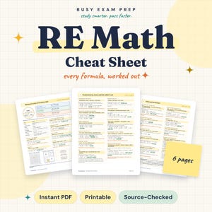 Könnte beinhalten: Ein digitaler Studienleitfaden mit dem Titel RE Math Cheat Sheet und dem Untertitel every formula, worked out. Das Dokument enthält drei Seiten mit mathematischen Formeln, Berechnungen und Beispielen für Immobilien. Ein gelber Zettel zeigt 6 pages.