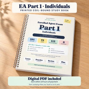 May include: A coil-bound study book titled Enrolled Agent Exam Part 1 Individuals. The cover features a grid pattern, text detailing 184 print pages, 75 lessons, 112 practice questions, and 6 exam domains, plus a study flow diagram.