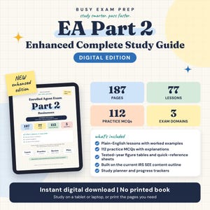 May include: A digital study guide for the EA Part 2 exam titled Busy Exam Prep. The graphic displays 187 pages, 77 lessons, 112 practice MCQs, and 3 exam domains. It includes a list of features like plain-English lessons, figure tables, and study planners.