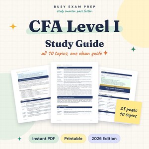 May include: A 2026 edition CFA Level I study guide in PDF format. The document features the text Busy Exam Prep, study smarter, pass faster, CFA Level I Study Guide, all 10 topics, one clean guide, and 29 pages 10 topics on a grid background.