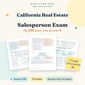 May include: A digital study guide titled California Real Estate Salesperson Exam by Busy Exam Prep. The document features three pages of educational content with text, diagrams, and tables, plus a yellow sticky note stating 71 pages 150 practice Qs.