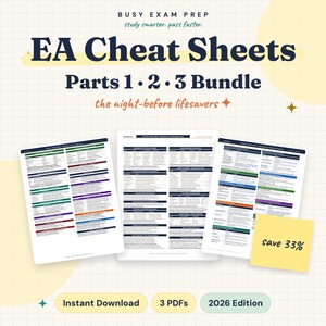 May include: A digital study resource titled EA Cheat Sheets Parts 1, 2, and 3 Bundle 2026 Edition. The document features three white pages with dark blue text, organized into tables with colored headers, and a yellow sticky note stating save 33%.