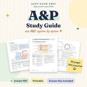 Könnte beinhalten: Anatomie- und Physiologie-Lernhilfe mit drei Seiten, die Diagramme des Herzens, des Integumentsystems und des Auges zeigen. Der Text lautet Busy Exam Prep, A&P Study Guide, ace A&P, system by system. Ein gelber Zettel zeigt 90 pages 163 practice Qs.
