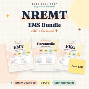 Puede incluir: Un paquete de estudio digital titulado Busy Exam Prep NREMT EMS Bundle para la certificación de EMT y paramédico. Incluye tres guías en PDF para EMT, paramédico y ritmos cardíacos EKG, con fondos de cuadrícula, acentos pastel y una nota adhesiva amarilla que dice save 33%.