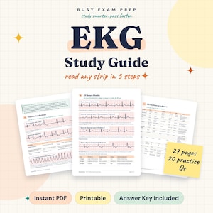 May include: An EKG study guide featuring the text Busy Exam Prep, study smarter, pass faster, EKG Study Guide, and read any strip in 5 steps. The document includes three pages showing heart rhythm strips, AV heart blocks, and a summary table.