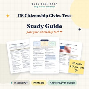 Könnte beinhalten: Ein US-Staatsbürgerschaftstest-Lernleitfaden mit drei Dokumentenseiten, Text, Diagrammen und einer US-Flaggenabbildung. Ein gelber Haftnotizzettel zeigt den Text 50 pages 155 practice Qs. Das Dokument enthält die Beschriftungen Instant PDF, Printable und Answer Key Included.